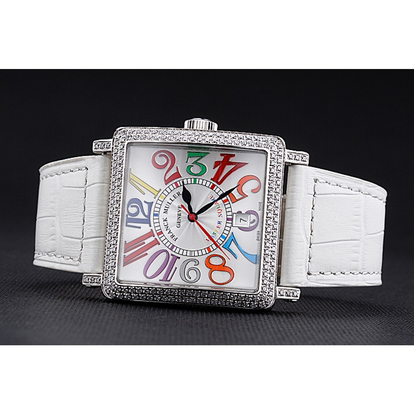 MiroTime Franck Muller Master Square Color Dreams Diamonds Case White Leather Band 622356
