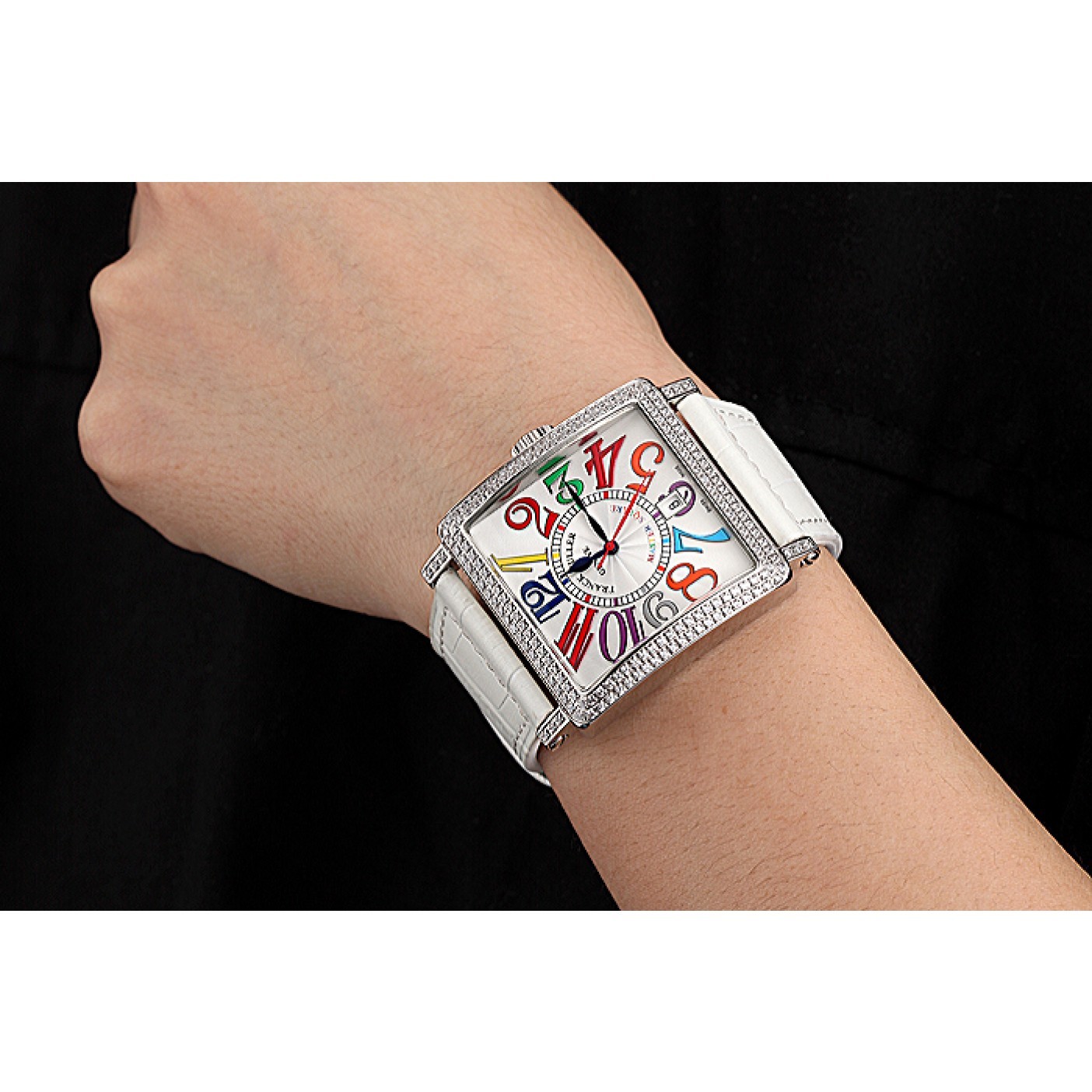 MiroTime Franck Muller Master Square Color Dreams Diamonds Case White Leather Band 622356