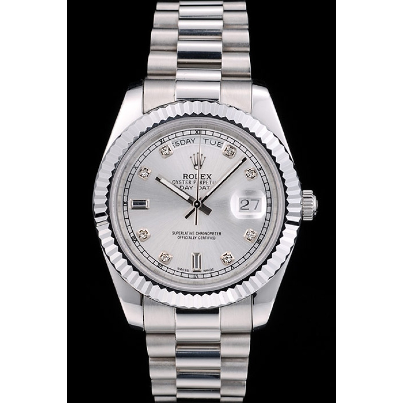 MiroTime Rolex Swiss DayDate Stainless Steel Ribbed Bezel Silver Dial 41995