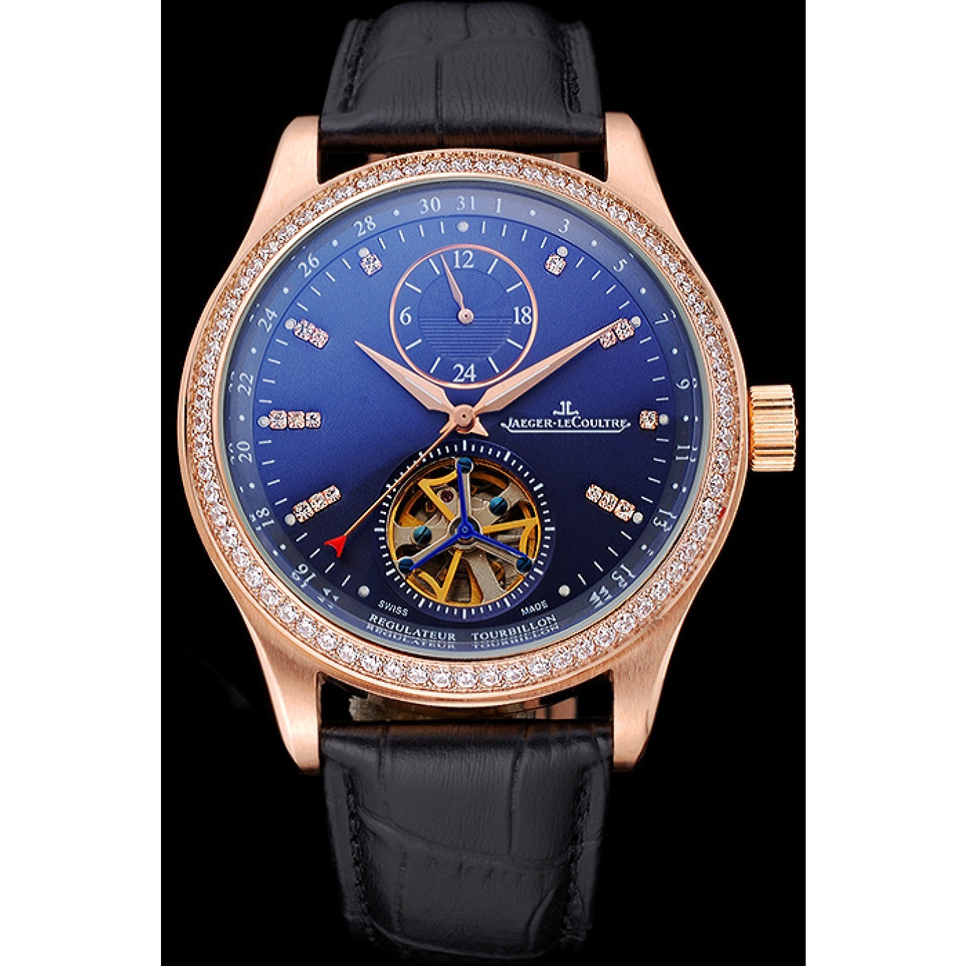 MiroTime Jaeger-LeCoultre Master Tourbillon Dualtime Black Dial Gold Case With Diamonds Brown Leather Strap 622783
