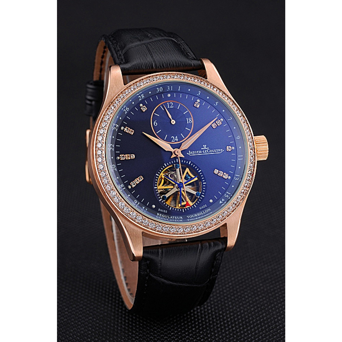 MiroTime Jaeger-LeCoultre Master Tourbillon Dualtime Black Dial Gold Case With Diamonds Brown Leather Strap 622783