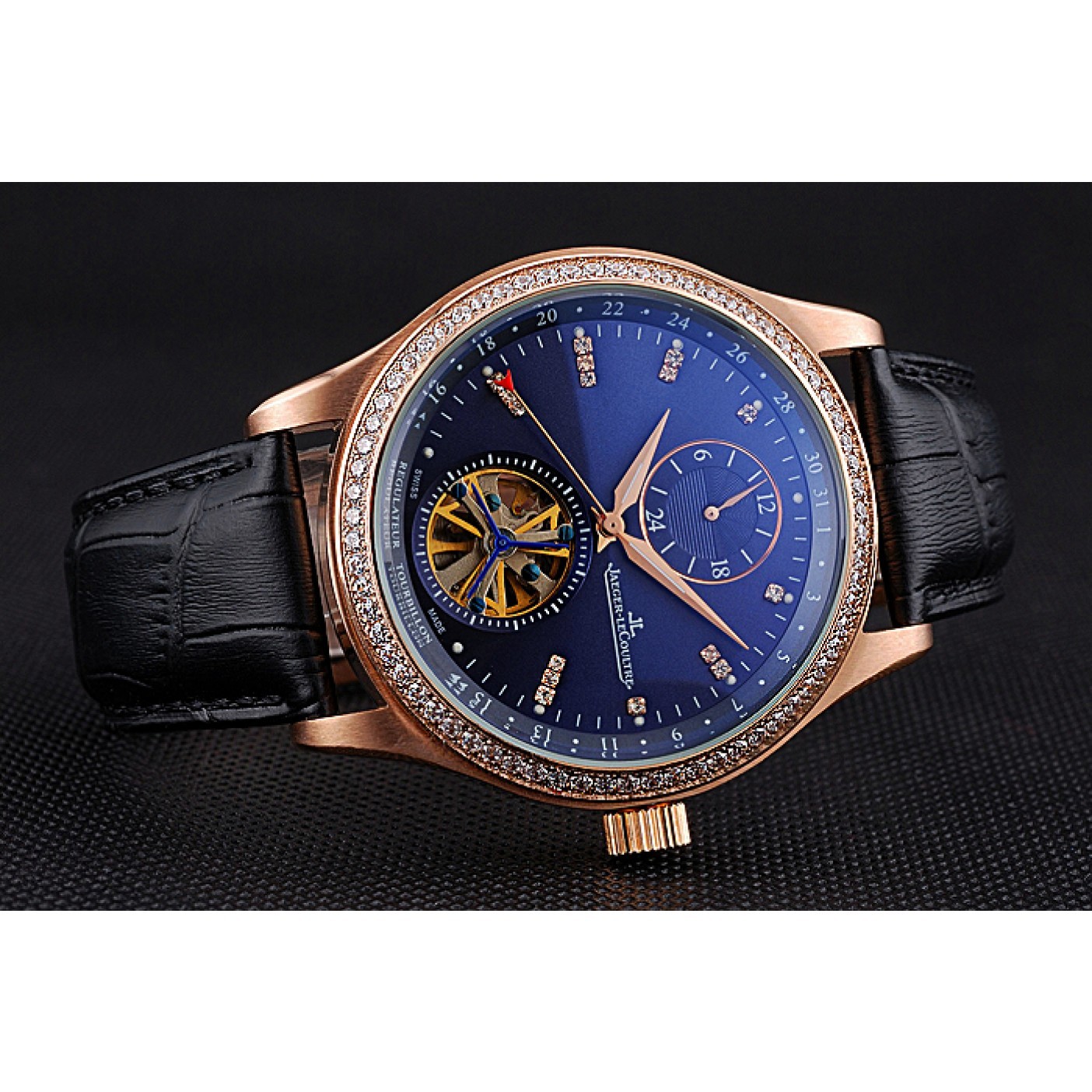 MiroTime Jaeger-LeCoultre Master Tourbillon Dualtime Black Dial Gold Case With Diamonds Brown Leather Strap 622783