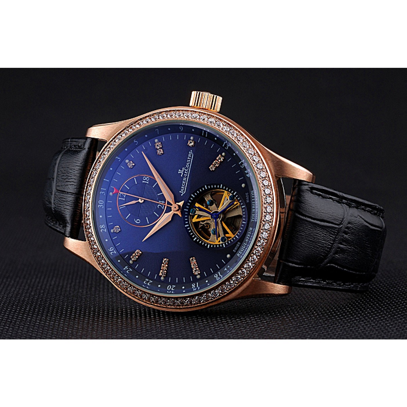 MiroTime Jaeger-LeCoultre Master Tourbillon Dualtime Black Dial Gold Case With Diamonds Brown Leather Strap 622783