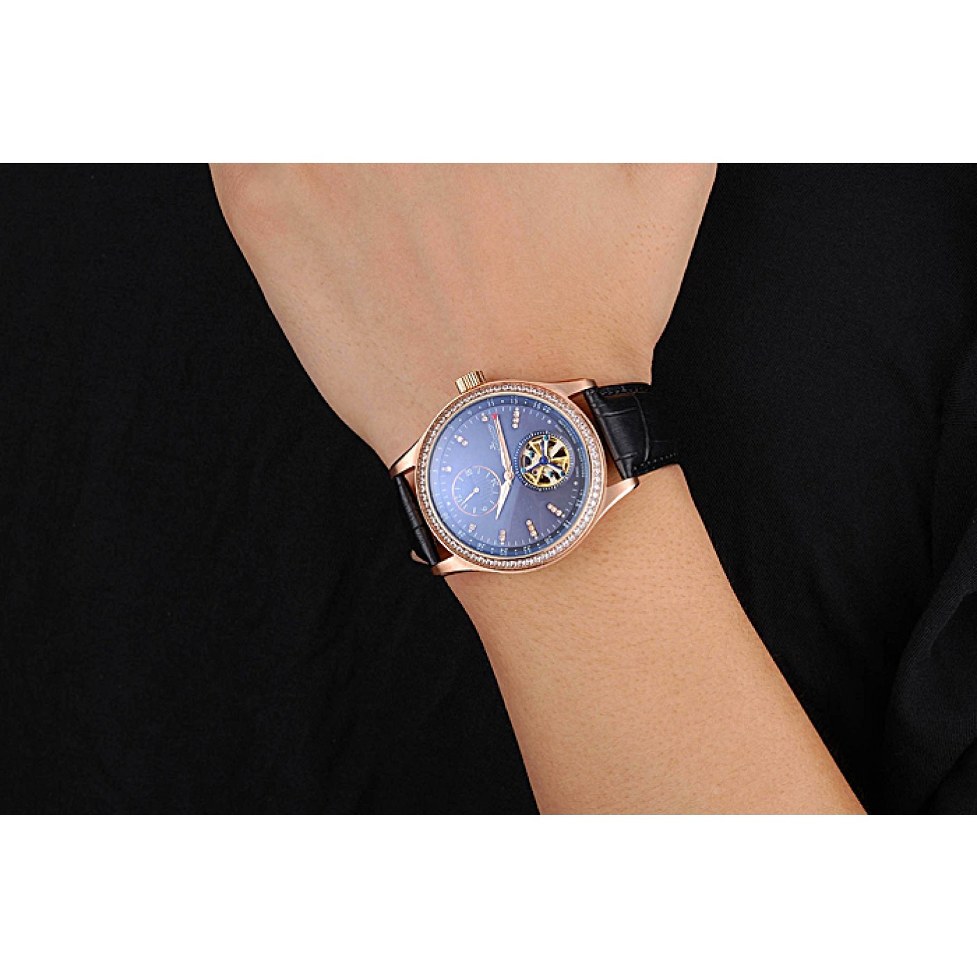 MiroTime Jaeger-LeCoultre Master Tourbillon Dualtime Black Dial Gold Case With Diamonds Brown Leather Strap 622783