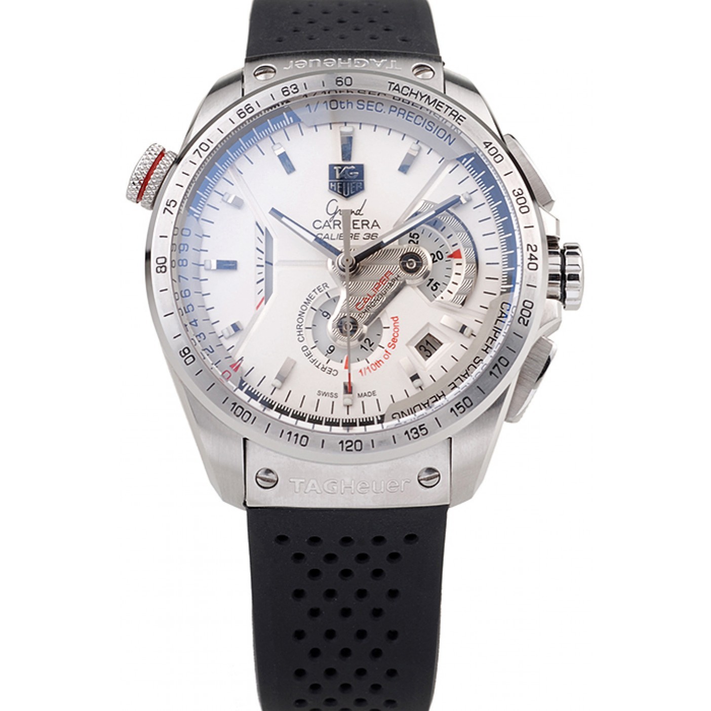 MiroTime Tag Heuer Swiss Carrera Tachymeter Bezel Perforated Black Rubber Strap White Dial