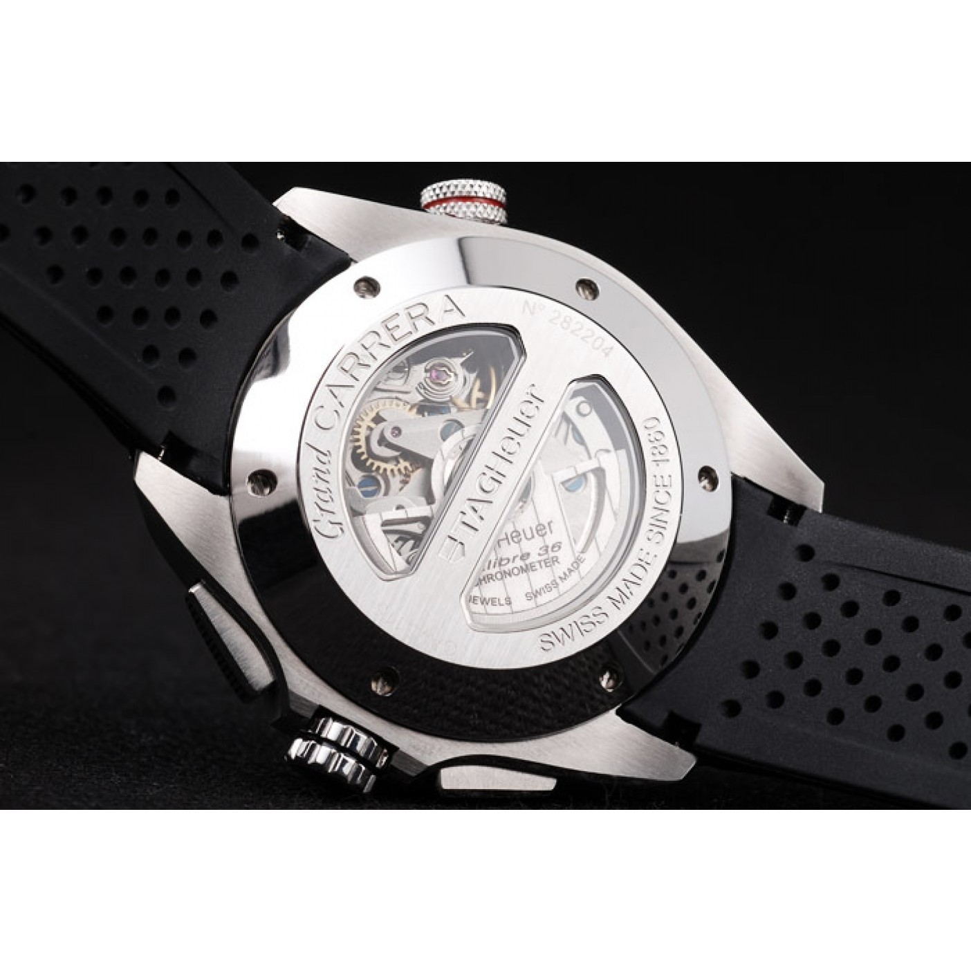 MiroTime Tag Heuer Swiss Carrera Tachymeter Bezel Perforated Black Rubber Strap White Dial