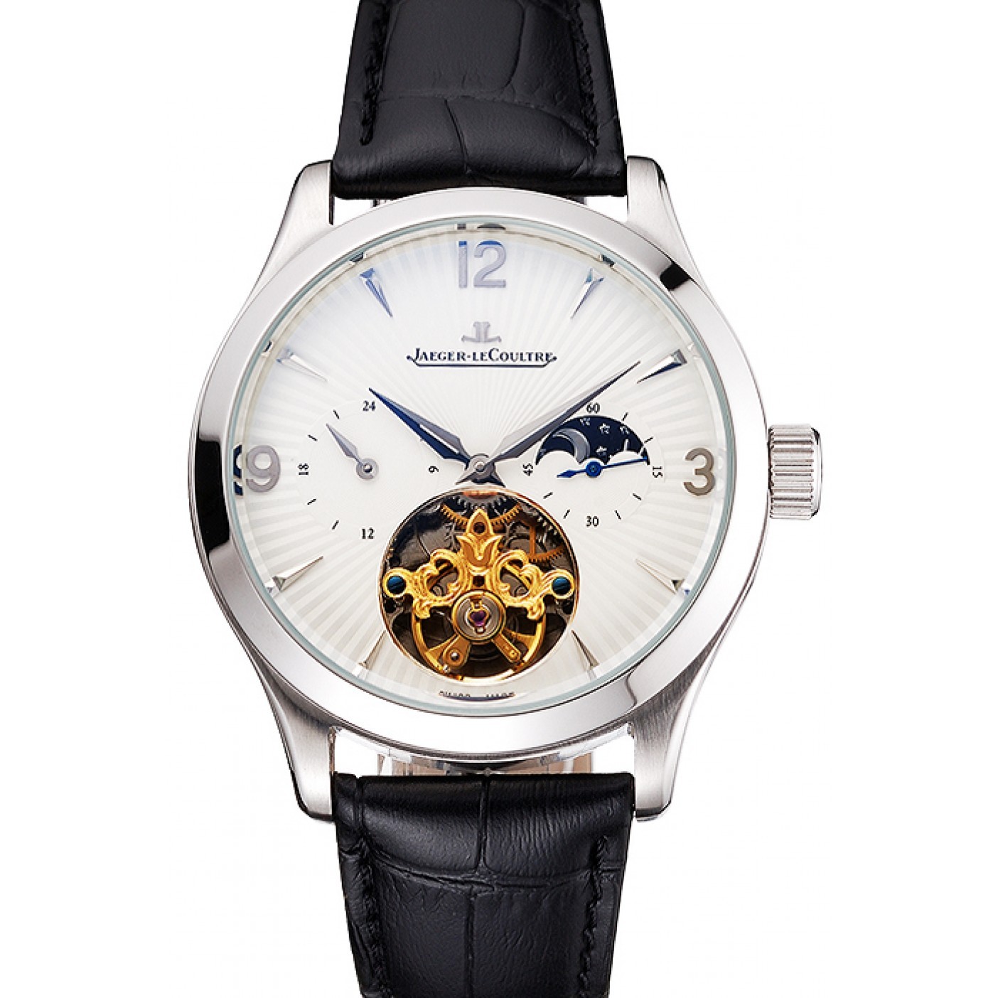 MiroTime Jaeger LeCoultre Master Moonphase Tourbillon White Dial Stainless Steel Case Black Leather Strap