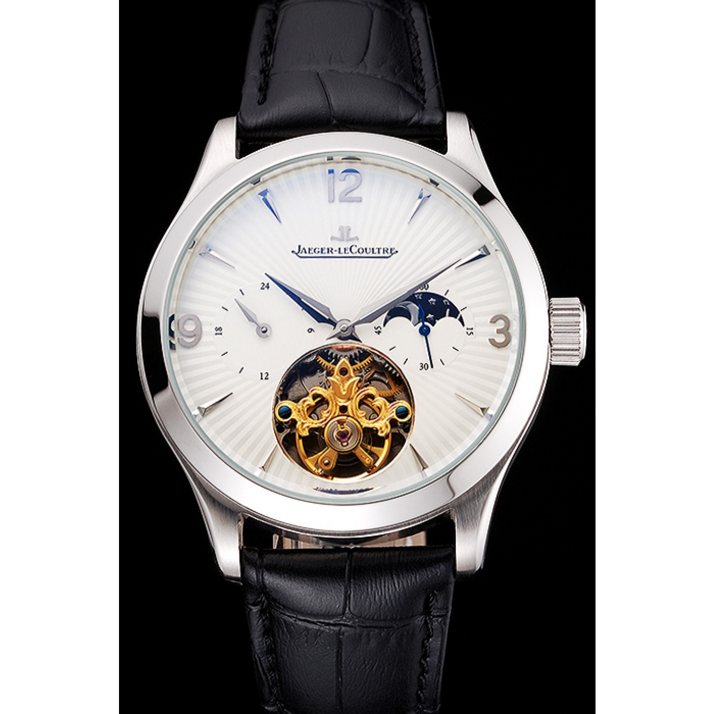 MiroTime Jaeger LeCoultre Master Moonphase Tourbillon White Dial Stainless Steel Case Black Leather Strap