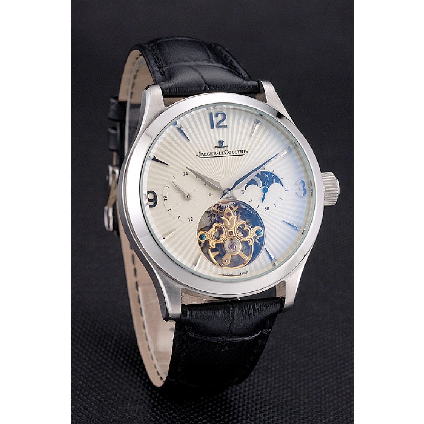 MiroTime Jaeger LeCoultre Master Moonphase Tourbillon White Dial Stainless Steel Case Black Leather Strap