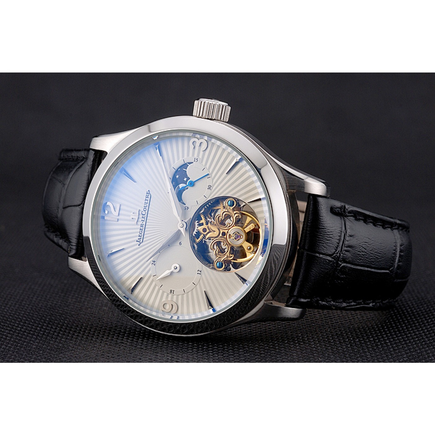 MiroTime Jaeger LeCoultre Master Moonphase Tourbillon White Dial Stainless Steel Case Black Leather Strap