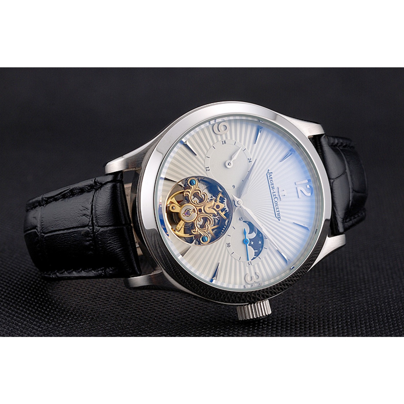 MiroTime Jaeger LeCoultre Master Moonphase Tourbillon White Dial Stainless Steel Case Black Leather Strap