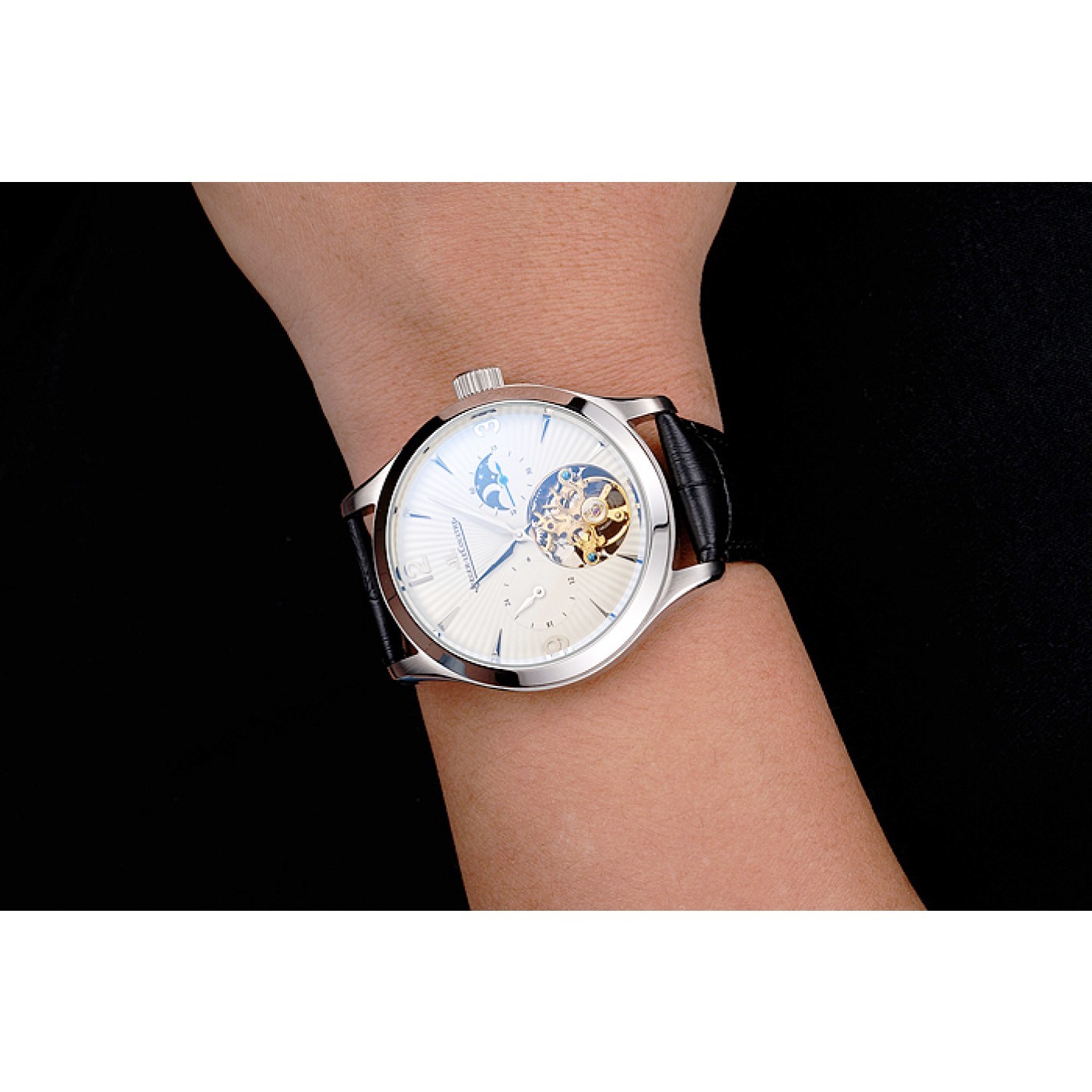 MiroTime Jaeger LeCoultre Master Moonphase Tourbillon White Dial Stainless Steel Case Black Leather Strap
