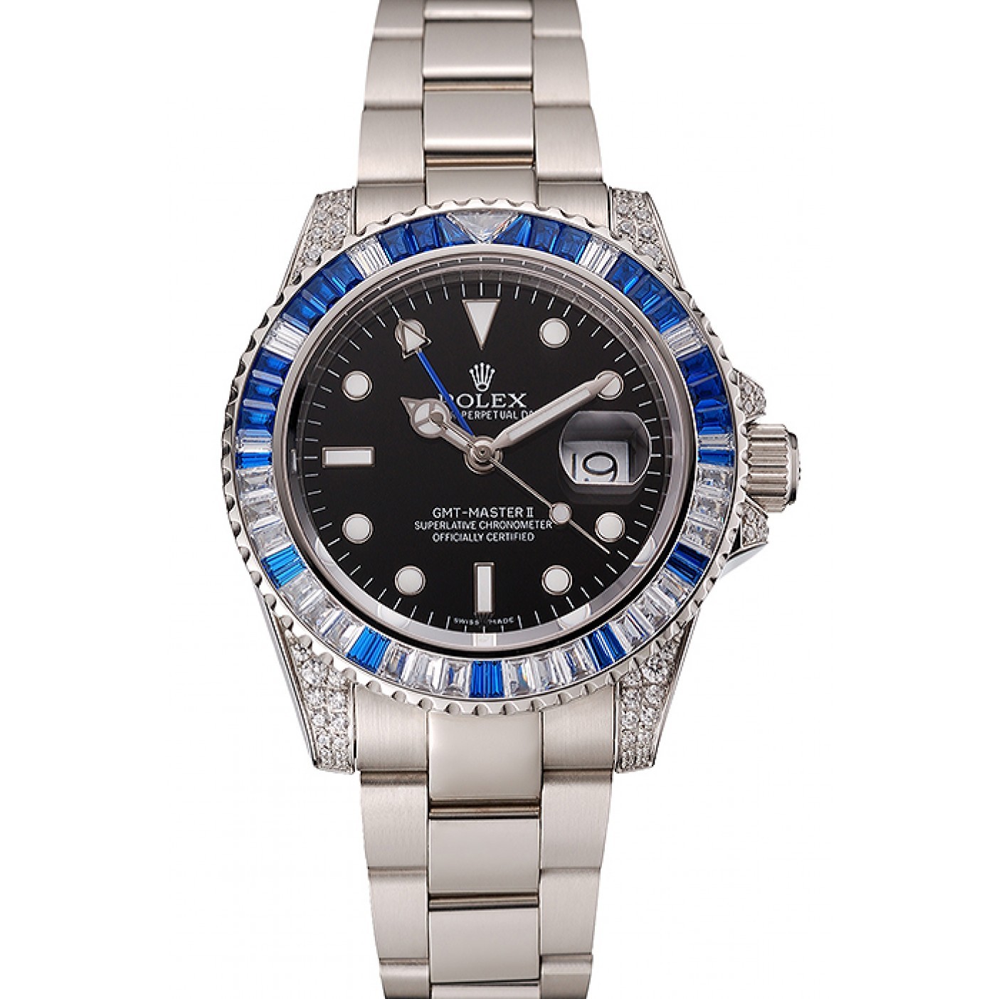 MiroTime Swiss Rolex GMT Master II Black Dial Stone Set Bezel Stainless Steel Case And Bracelet 1453747