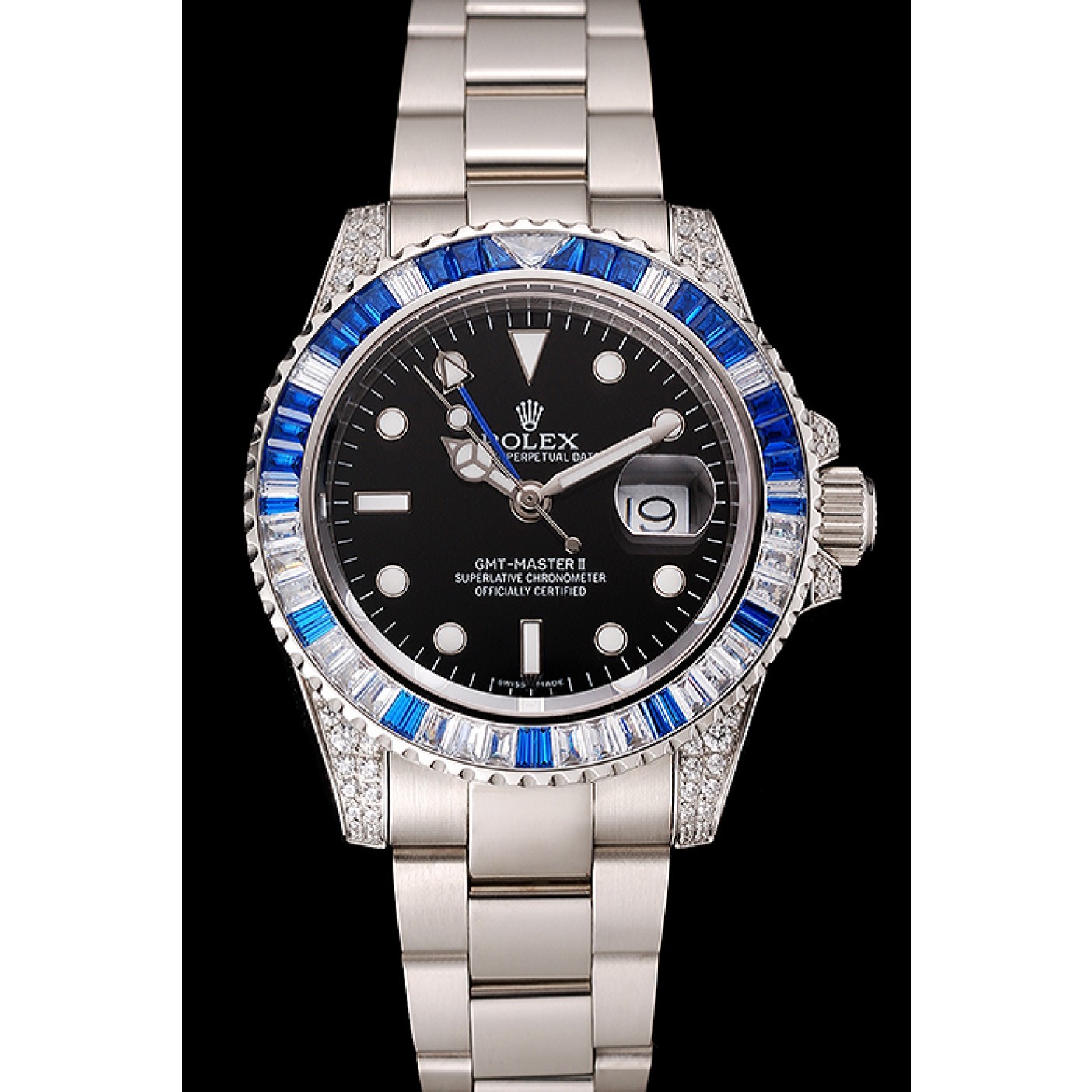 MiroTime Swiss Rolex GMT Master II Black Dial Stone Set Bezel Stainless Steel Case And Bracelet 1453747