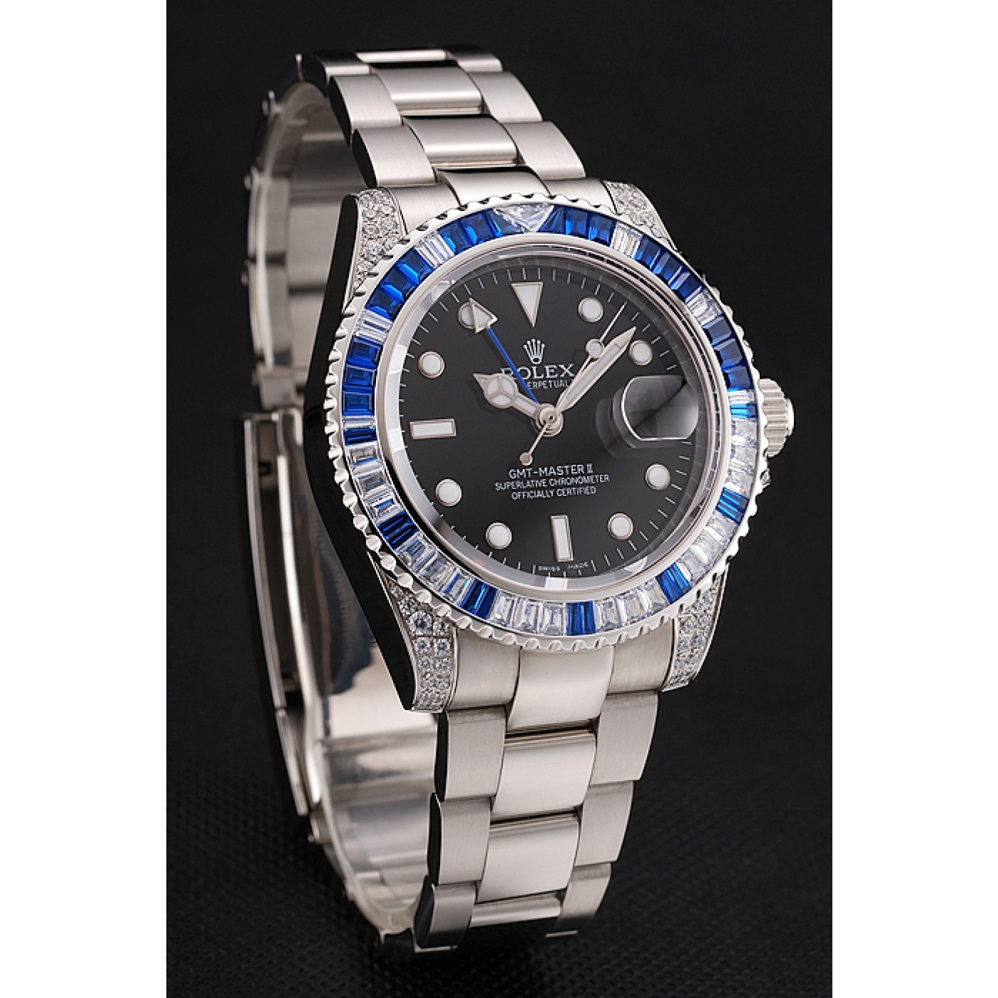 MiroTime Swiss Rolex GMT Master II Black Dial Stone Set Bezel Stainless Steel Case And Bracelet 1453747