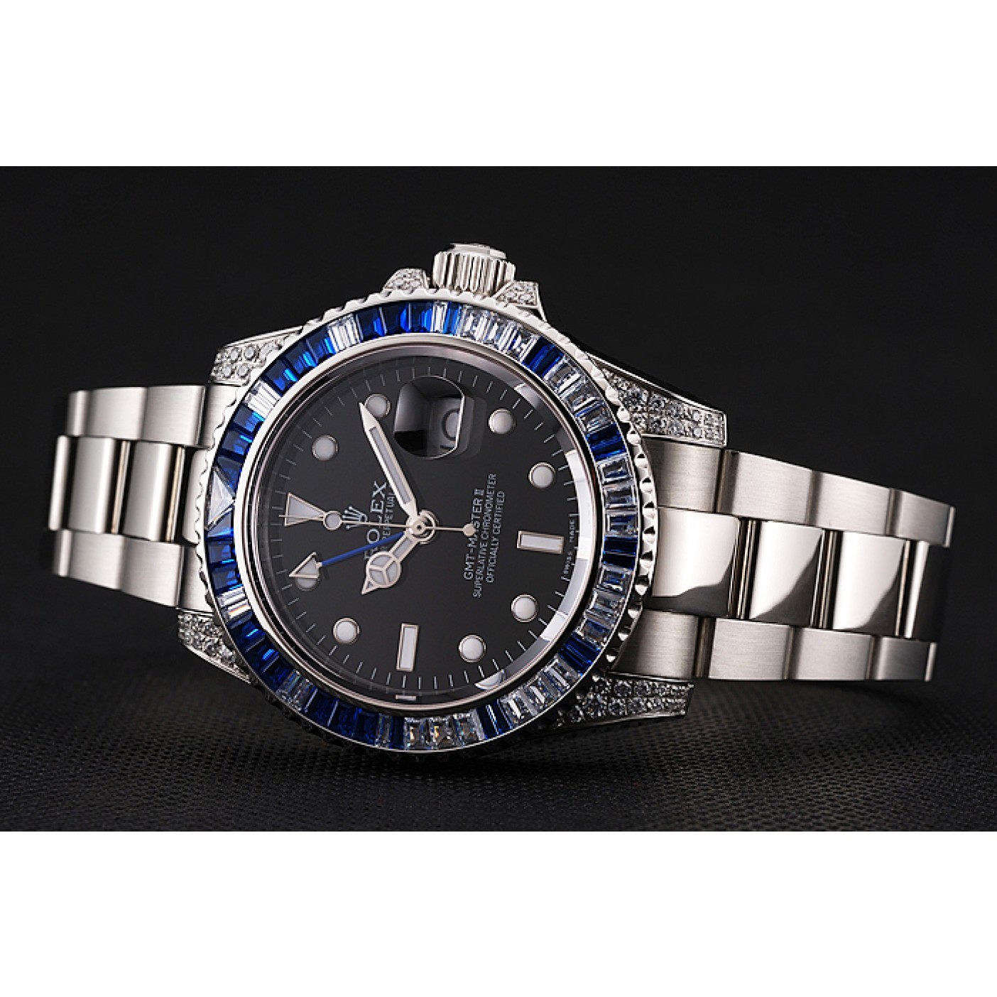 MiroTime Swiss Rolex GMT Master II Black Dial Stone Set Bezel Stainless Steel Case And Bracelet 1453747