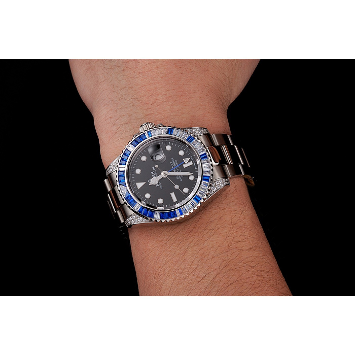 MiroTime Swiss Rolex GMT Master II Black Dial Stone Set Bezel Stainless Steel Case And Bracelet 1453747
