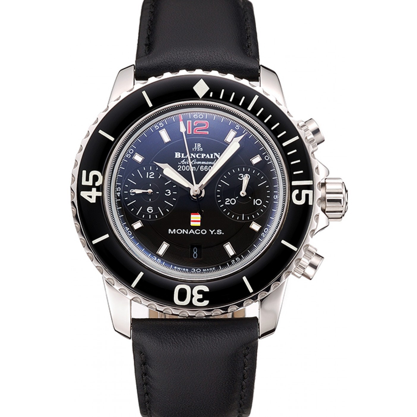 MiroTime Swiss Blancpain Air Command Monaco YS Black Dial Stainless Steel Case Black Leather Strap