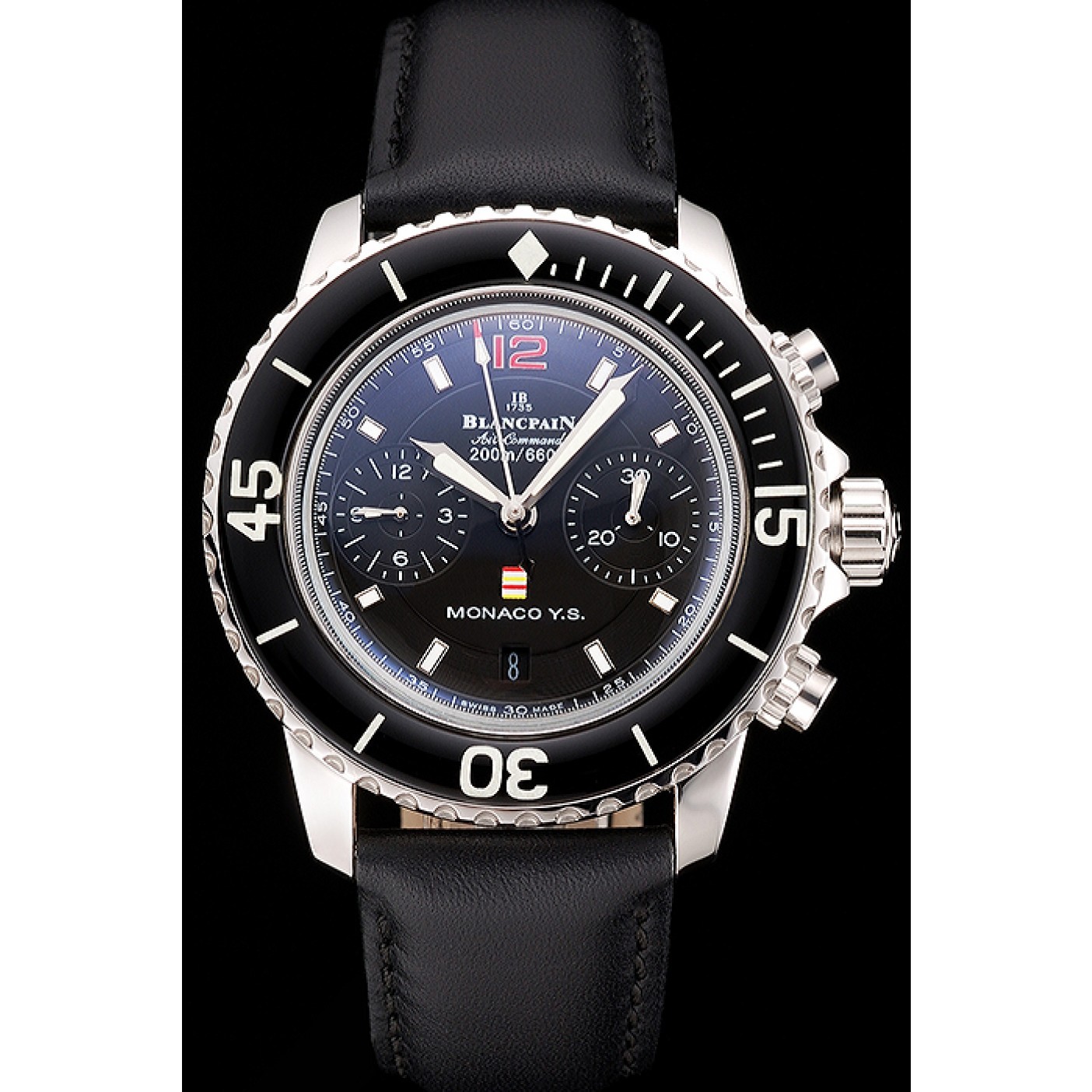 MiroTime Swiss Blancpain Air Command Monaco YS Black Dial Stainless Steel Case Black Leather Strap