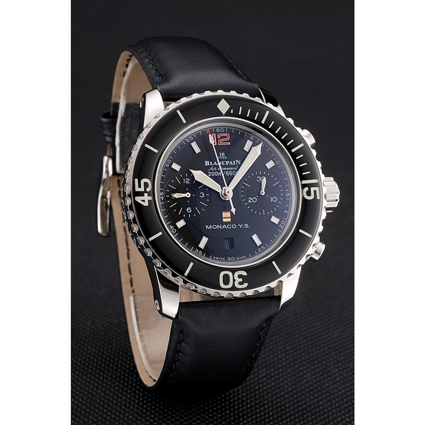 MiroTime Swiss Blancpain Air Command Monaco YS Black Dial Stainless Steel Case Black Leather Strap