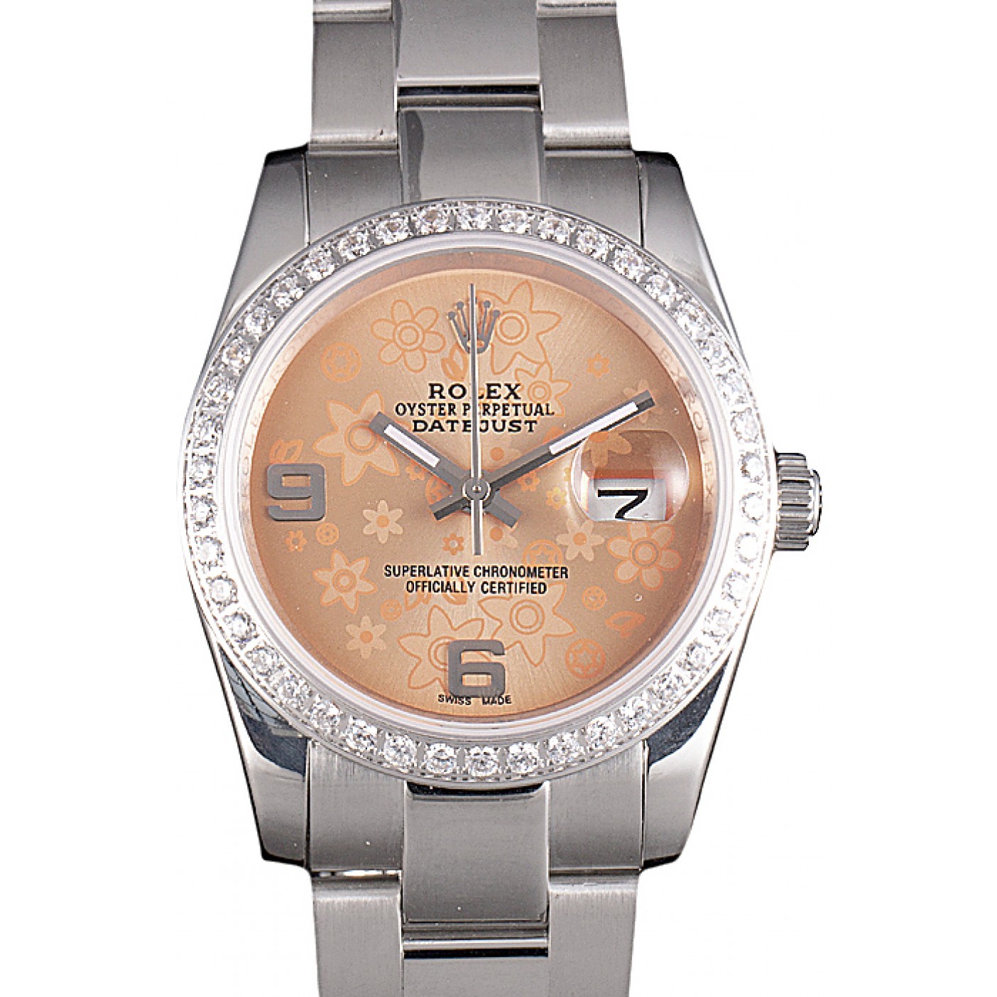 MiroTime Rolex Datejust Polished Stainless Steel Orange Flowers Dial Diamond Plated