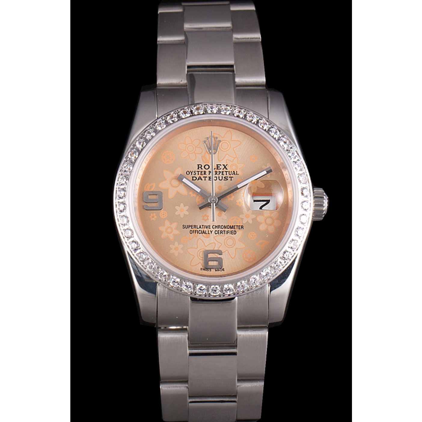 MiroTime Rolex Datejust Polished Stainless Steel Orange Flowers Dial Diamond Plated