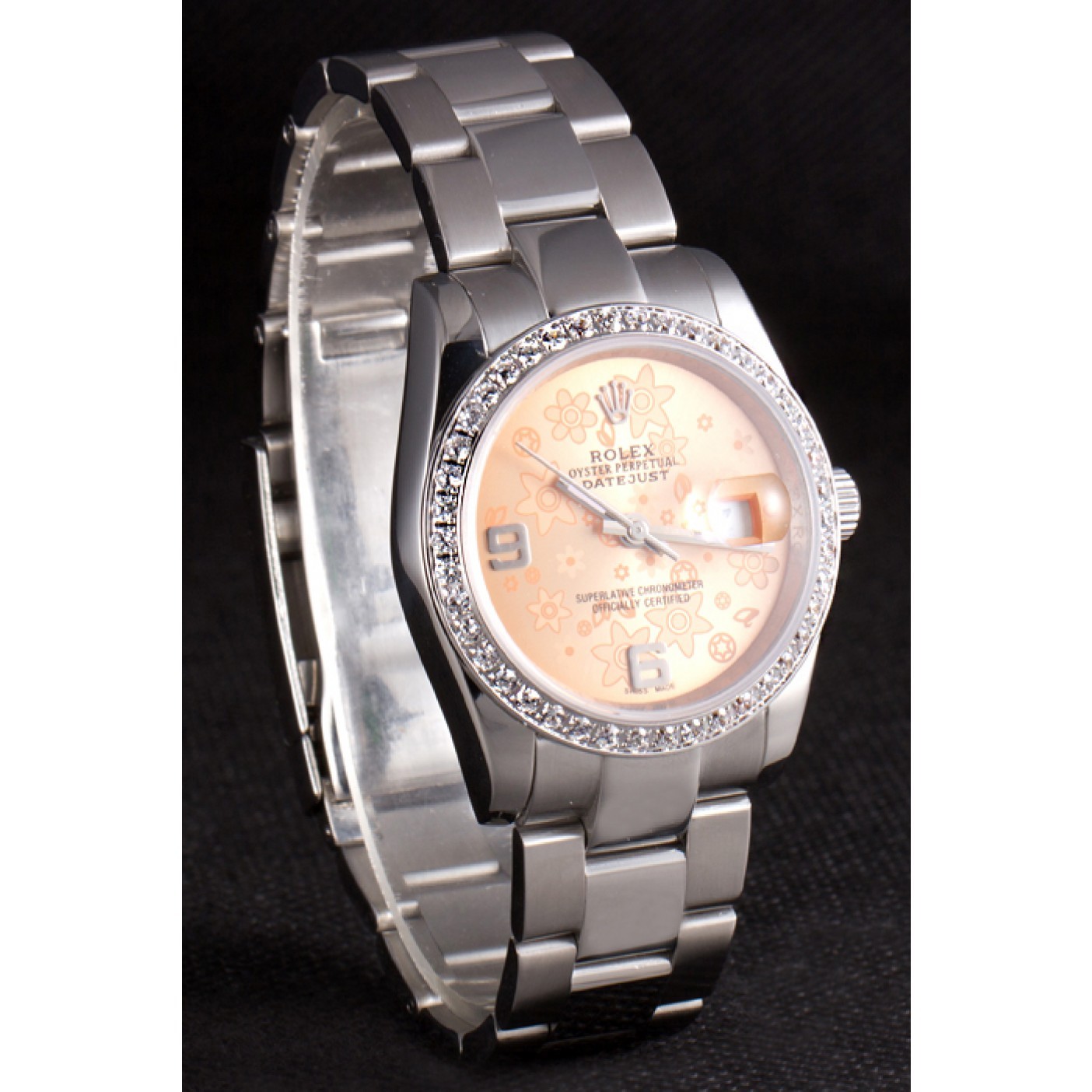 MiroTime Rolex Datejust Polished Stainless Steel Orange Flowers Dial Diamond Plated