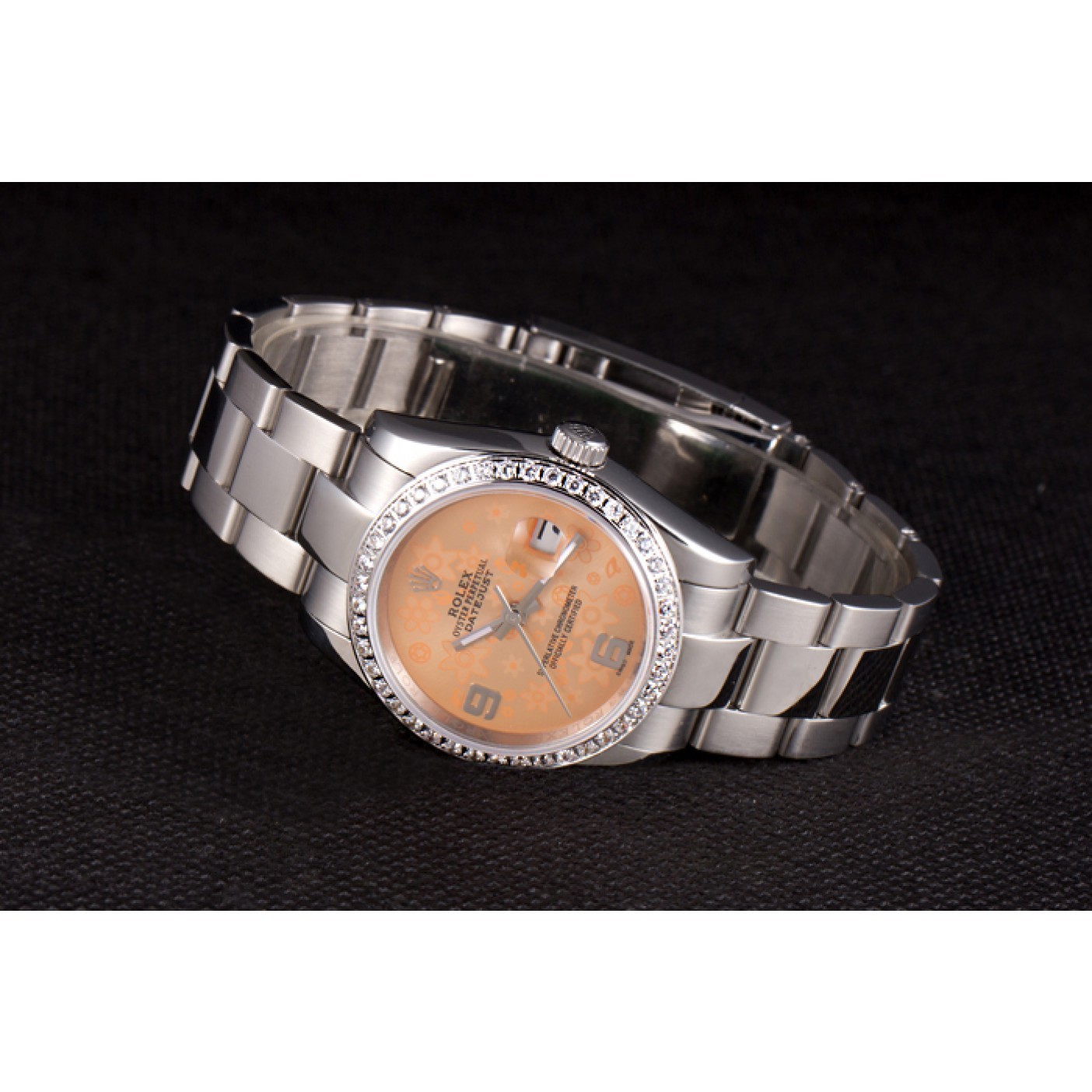 MiroTime Rolex Datejust Polished Stainless Steel Orange Flowers Dial Diamond Plated