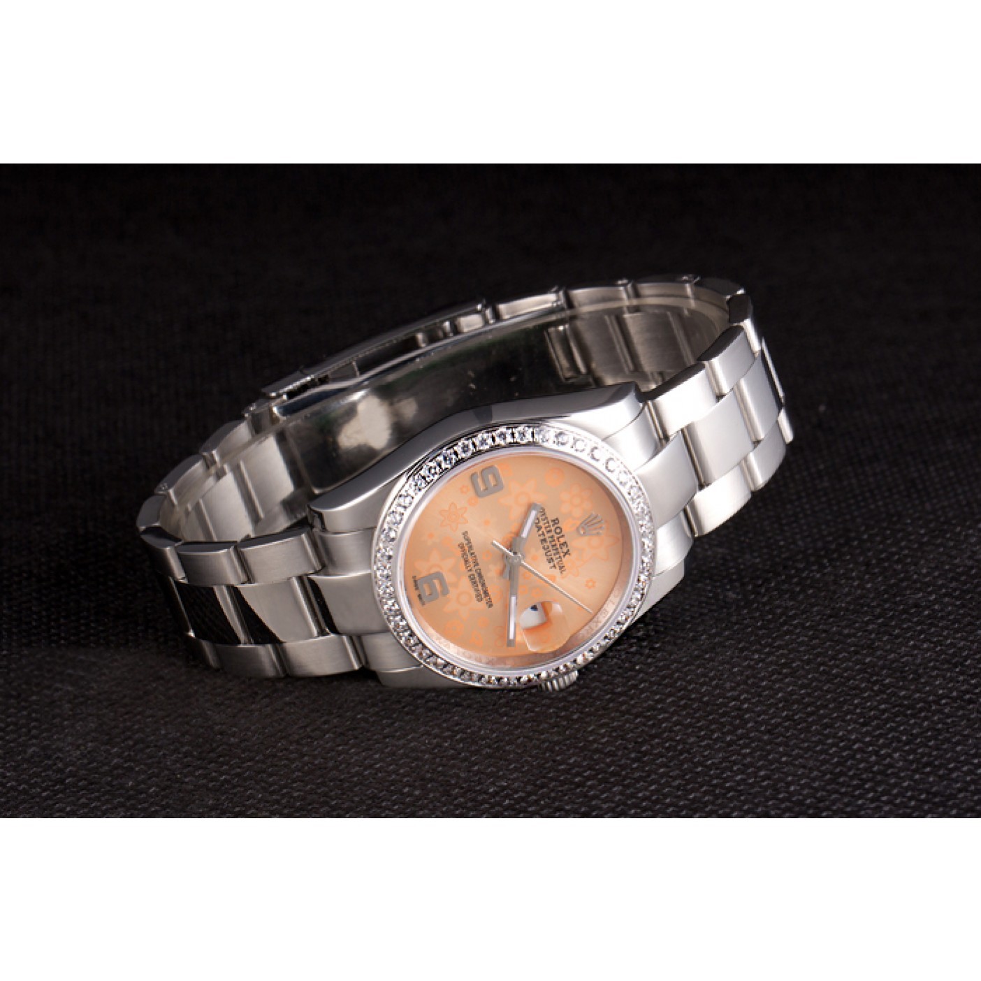 MiroTime Rolex Datejust Polished Stainless Steel Orange Flowers Dial Diamond Plated