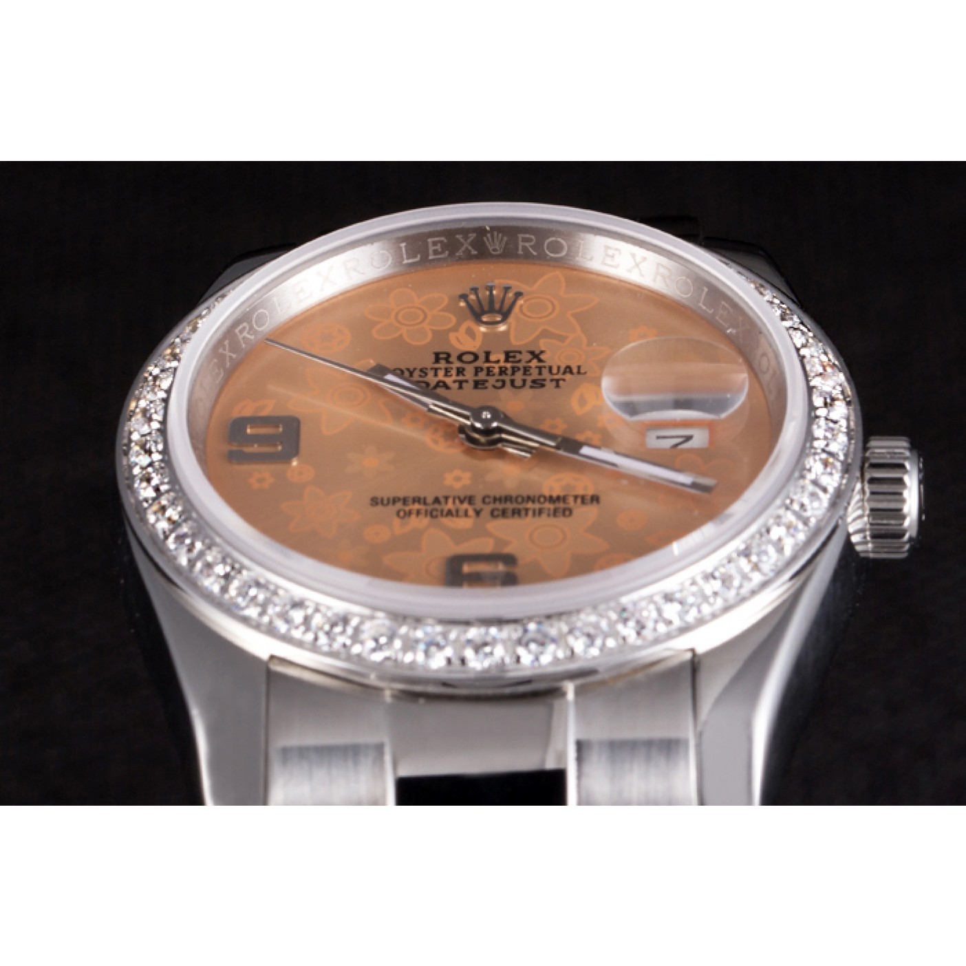 MiroTime Rolex Datejust Polished Stainless Steel Orange Flowers Dial Diamond Plated