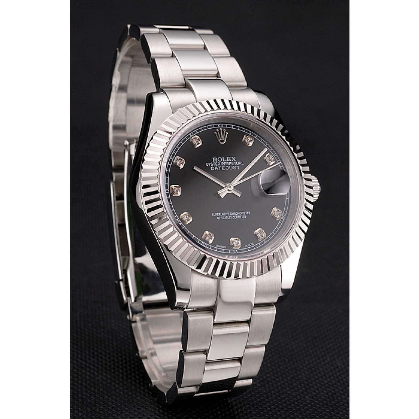 MiroTime Swiss Rolex Datejust Black Dial Dimond Hour Marks Stainless Steel Case And Bracelet