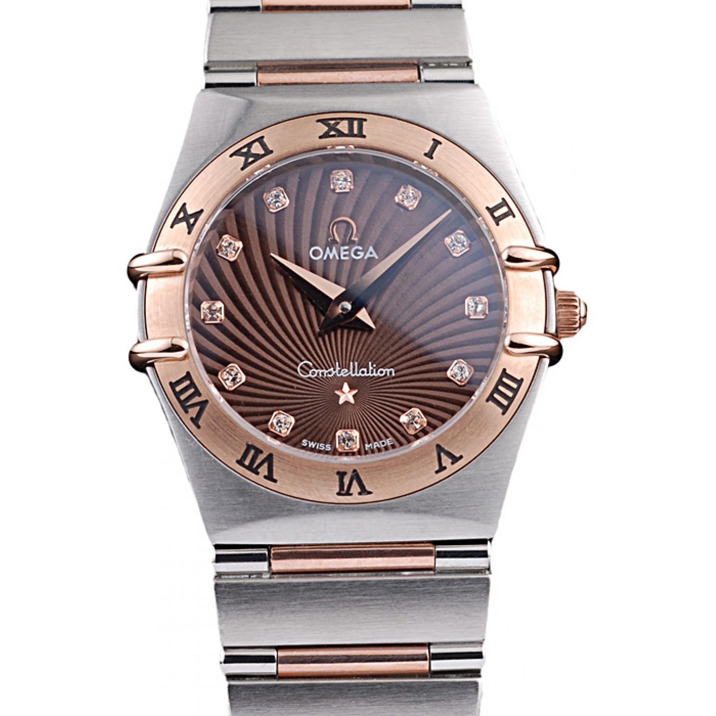 MiroTime Omega Swiss Constellation Jewelry Rose Gold Case Radial Emblem Brown Dial 98116