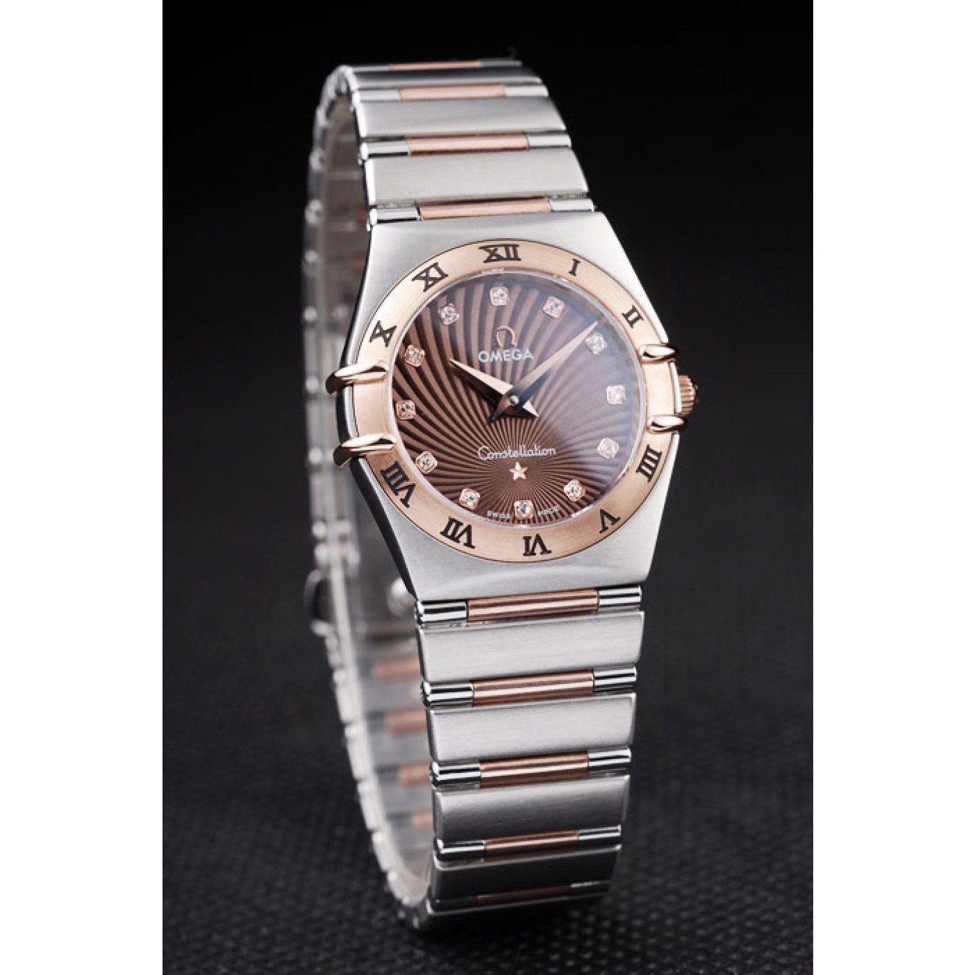 MiroTime Omega Swiss Constellation Jewelry Rose Gold Case Radial Emblem Brown Dial 98116