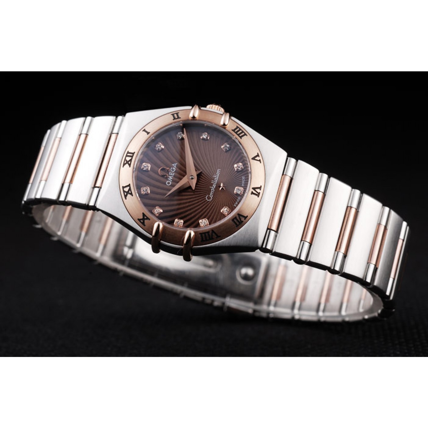 MiroTime Omega Swiss Constellation Jewelry Rose Gold Case Radial Emblem Brown Dial 98116