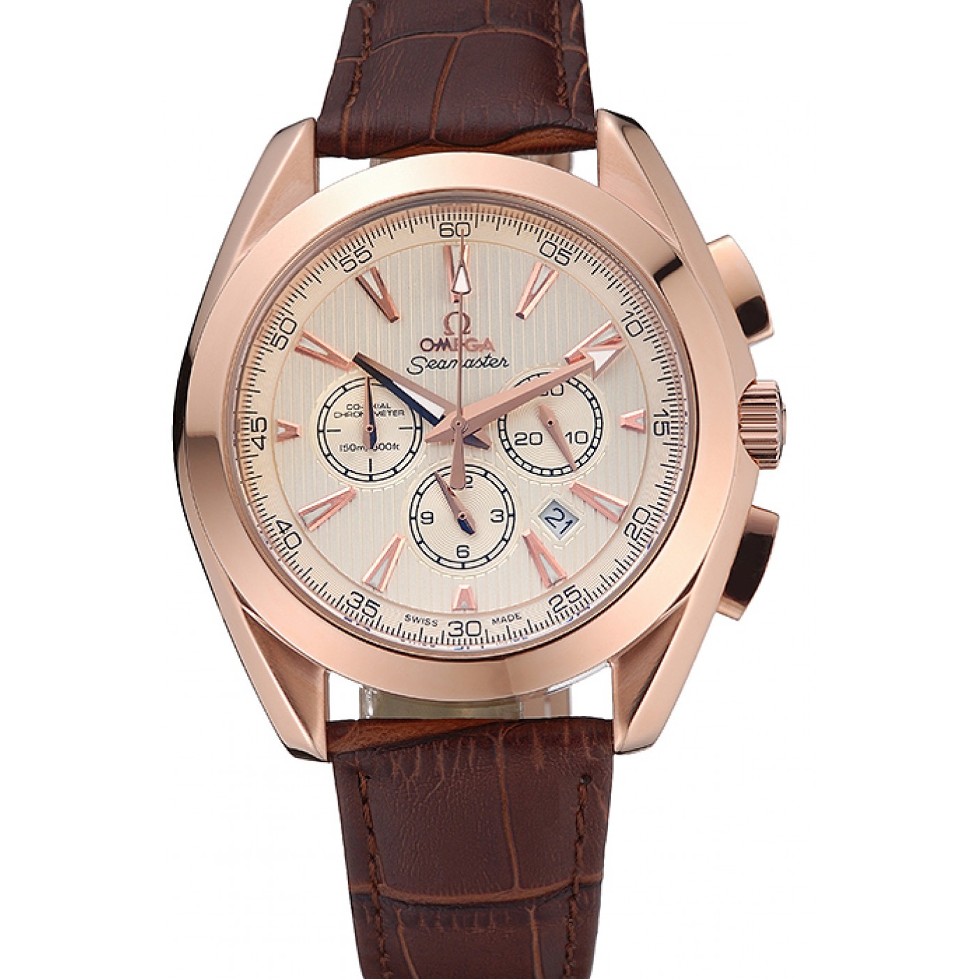 MiroTime Omega Seamaster Aqua Terra Chronograph Ivory Dial Gold Case Brown Leather Bracelet 622530