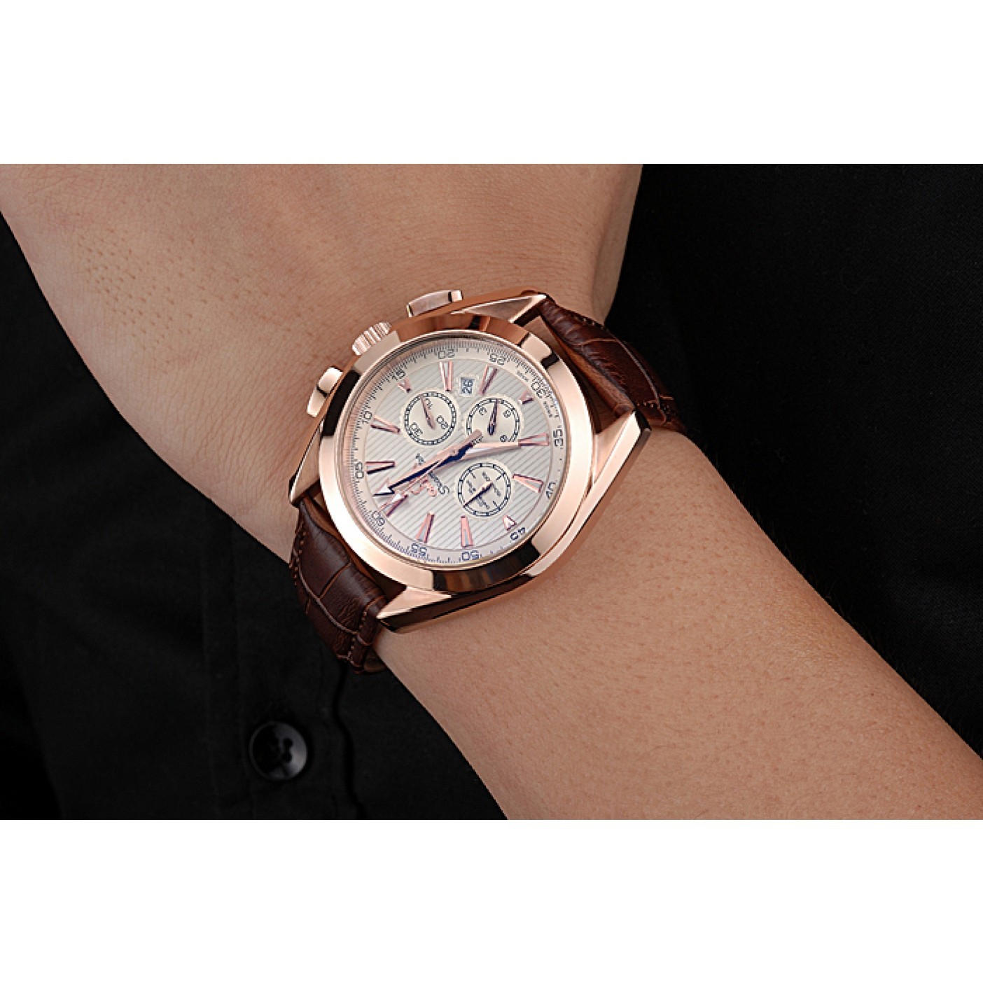 MiroTime Omega Seamaster Aqua Terra Chronograph Ivory Dial Gold Case Brown Leather Bracelet 622530