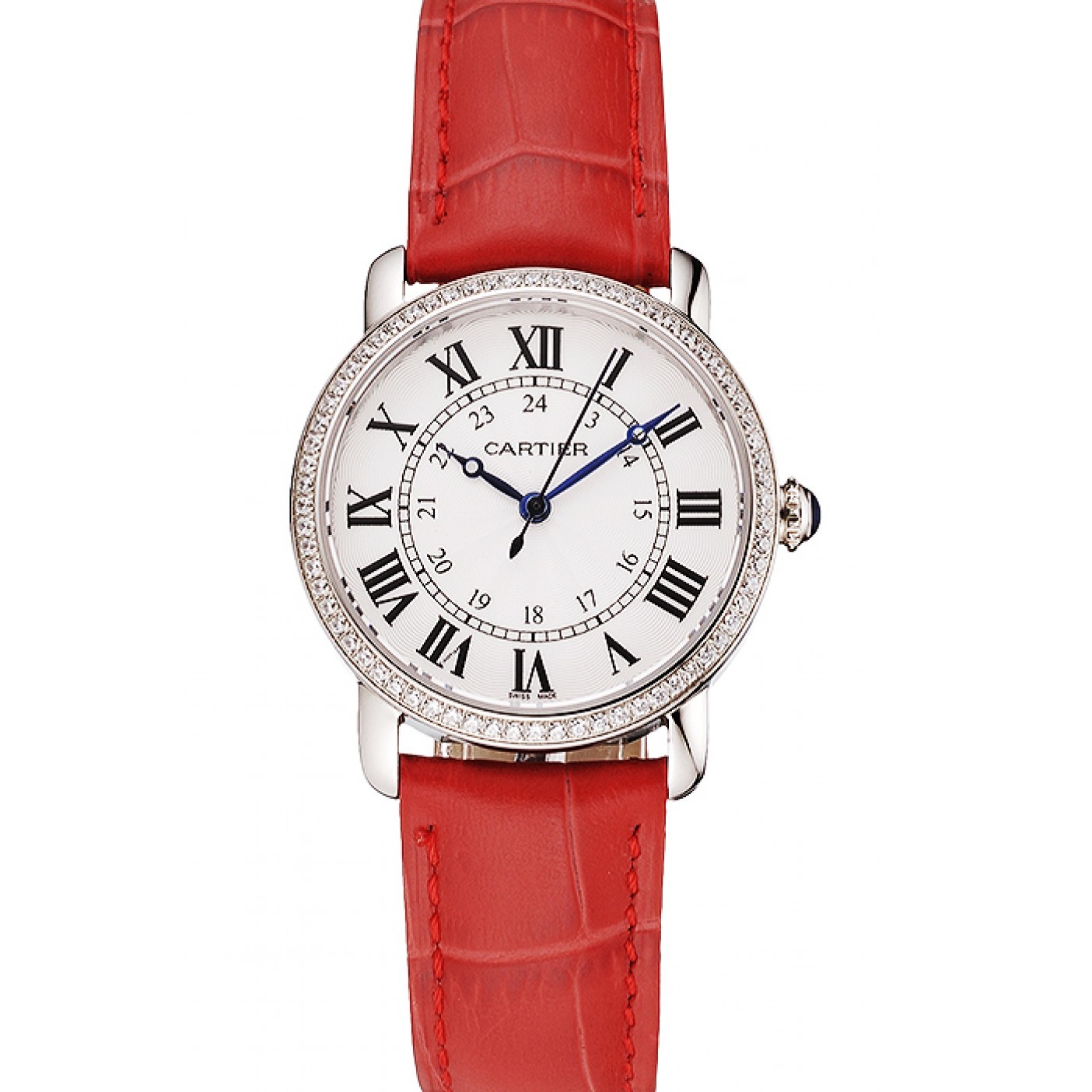 MiroTime Cartier Ronde White Dial Diamond Bezel Stainless Steel Case Red Leather Strap