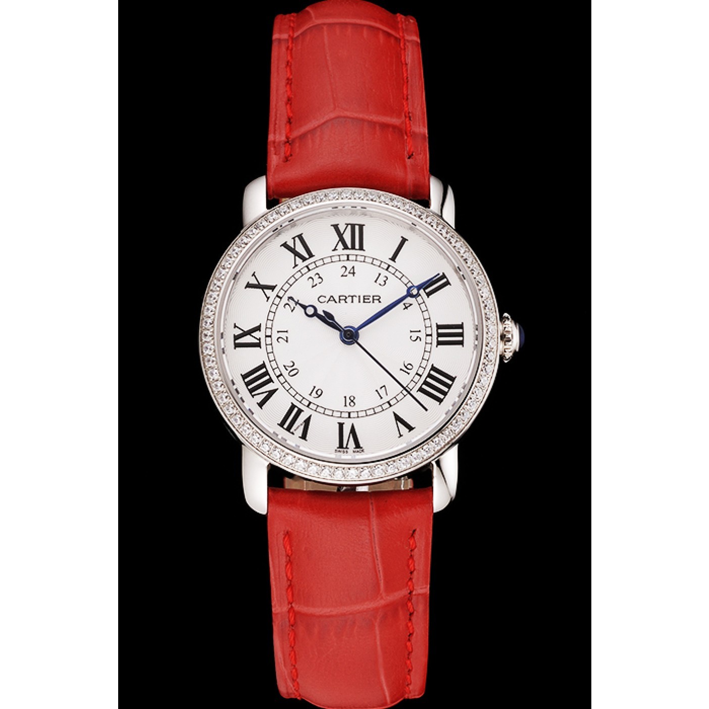 MiroTime Cartier Ronde White Dial Diamond Bezel Stainless Steel Case Red Leather Strap