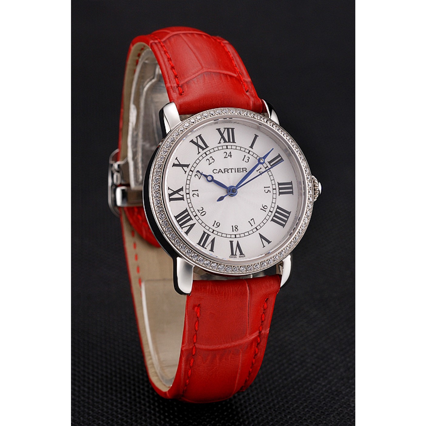 MiroTime Cartier Ronde White Dial Diamond Bezel Stainless Steel Case Red Leather Strap
