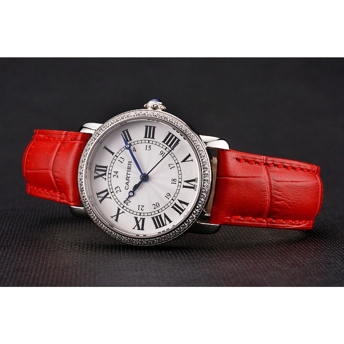 MiroTime Cartier Ronde White Dial Diamond Bezel Stainless Steel Case Red Leather Strap