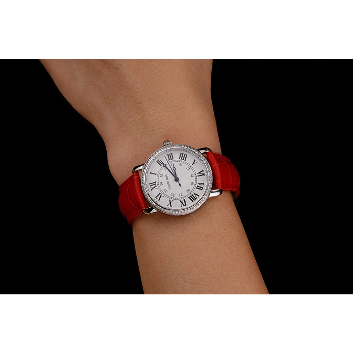 MiroTime Cartier Ronde White Dial Diamond Bezel Stainless Steel Case Red Leather Strap