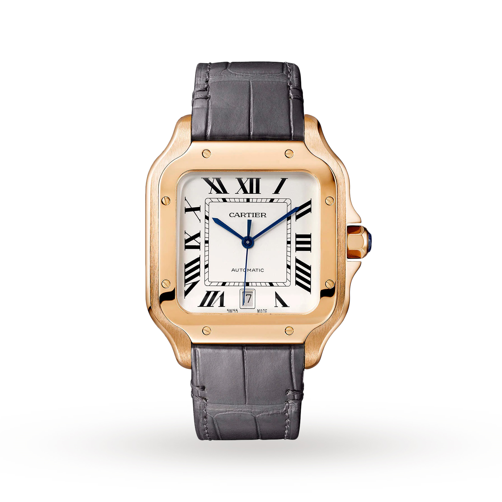 MiroTime Swiss Santos de Cartier watch, Large model, automatic, rose gold, 2 interchangeable leather bracelets