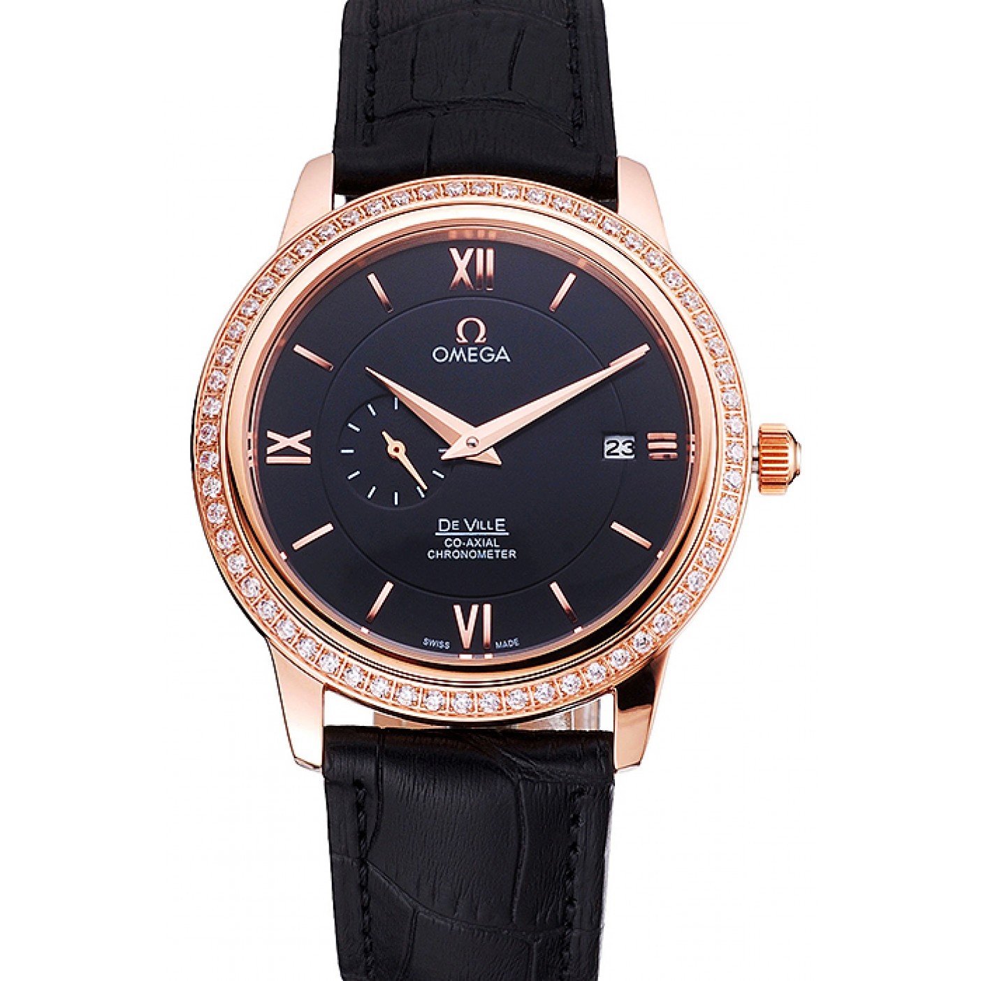 MiroTime Omega De Ville Prestige Co-Axial Black Dial Rose Gold Diamond Case Black Leather Strap Roman Numeral