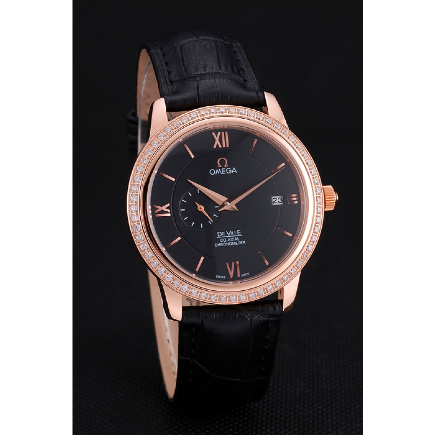 MiroTime Omega De Ville Prestige Co-Axial Black Dial Rose Gold Diamond Case Black Leather Strap Roman Numeral