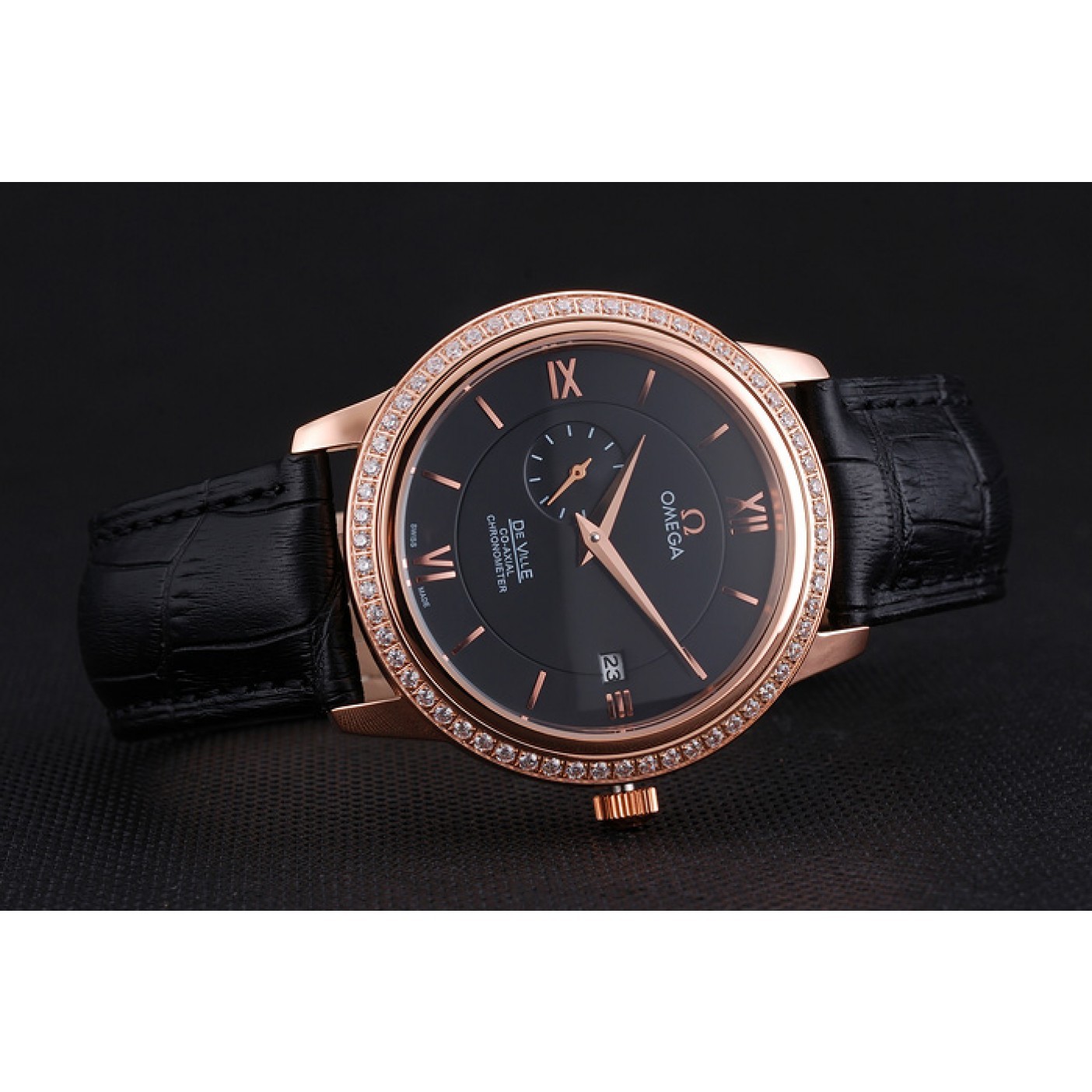 MiroTime Omega De Ville Prestige Co-Axial Black Dial Rose Gold Diamond Case Black Leather Strap Roman Numeral
