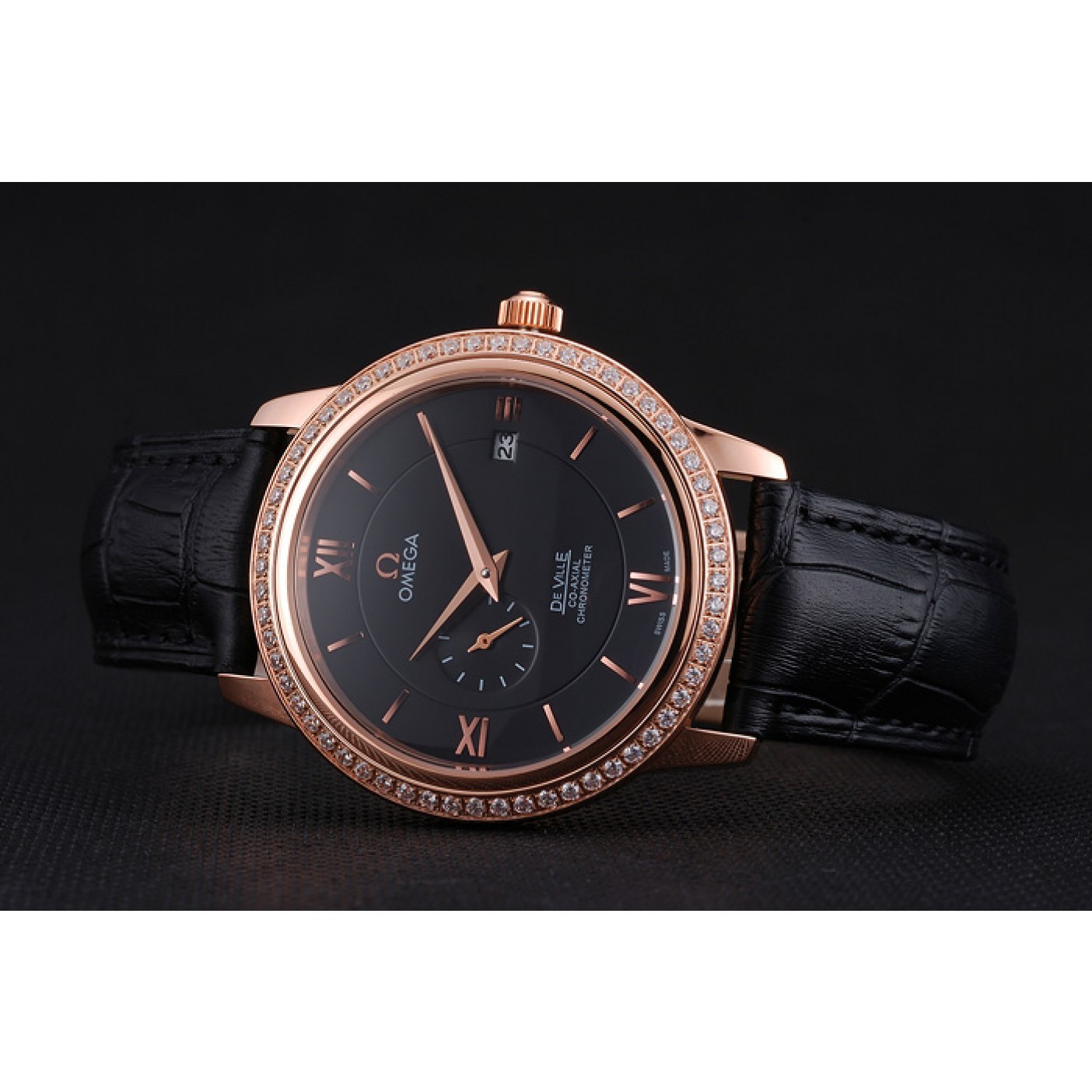 MiroTime Omega De Ville Prestige Co-Axial Black Dial Rose Gold Diamond Case Black Leather Strap Roman Numeral