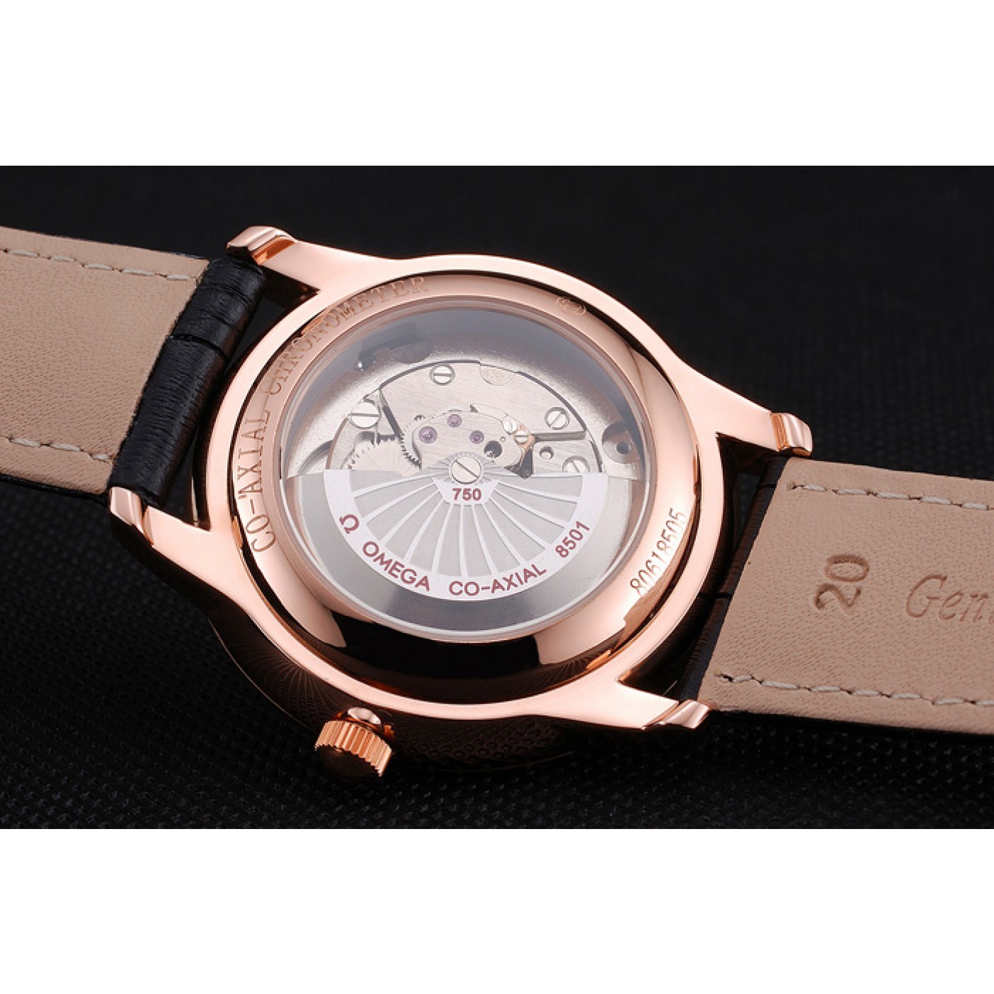 MiroTime Omega De Ville Prestige Co-Axial Black Dial Rose Gold Diamond Case Black Leather Strap Roman Numeral