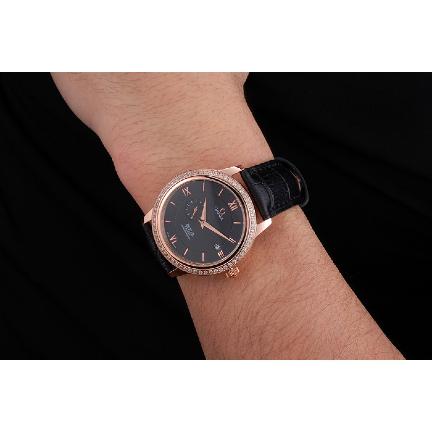 MiroTime Omega De Ville Prestige Co-Axial Black Dial Rose Gold Diamond Case Black Leather Strap Roman Numeral
