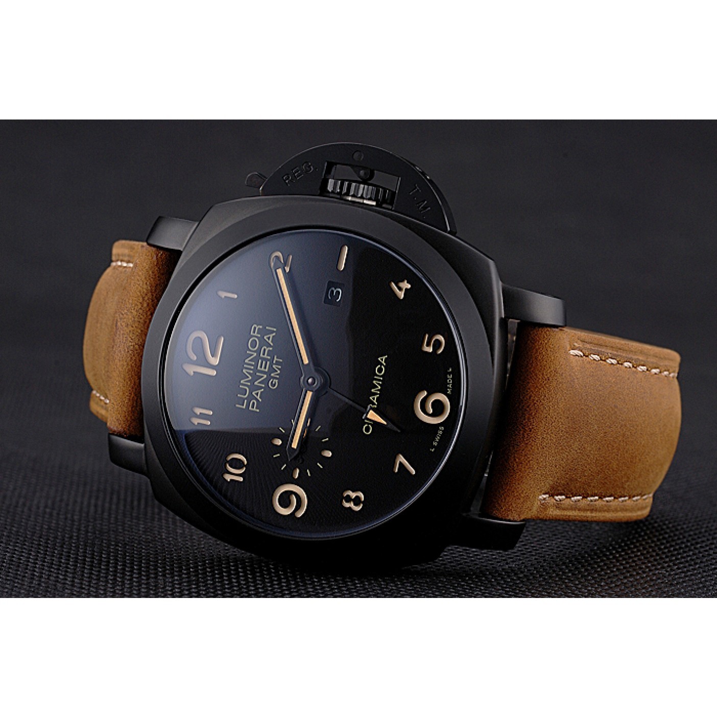 MiroTime Panerai Luminor 1950 GMT Ceramica Black Dial Matte Black Case Brown Suede Leather Strap
