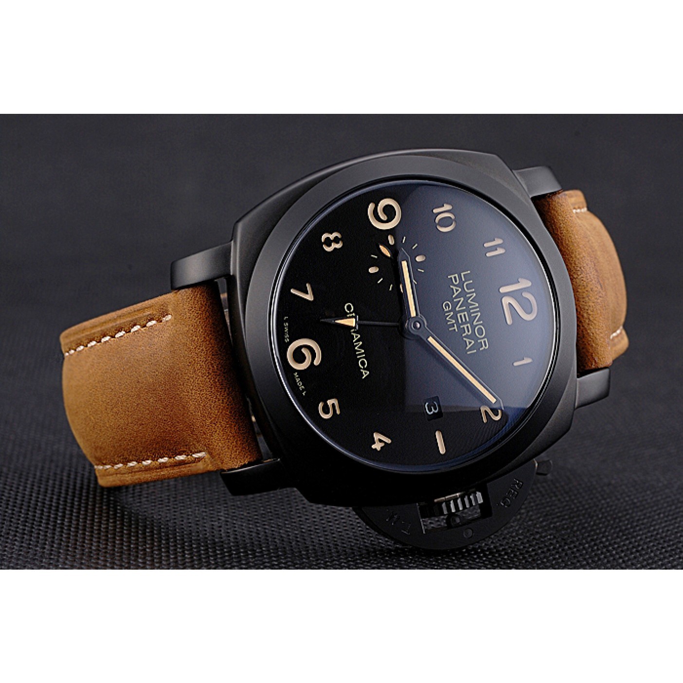 MiroTime Panerai Luminor 1950 GMT Ceramica Black Dial Matte Black Case Brown Suede Leather Strap